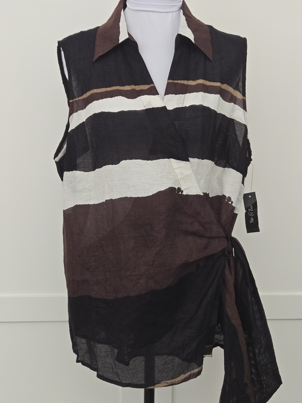 NIC+ZOE Sleeveless Wrap Tunic in Black, Brown & White Linen Blend XL NWT